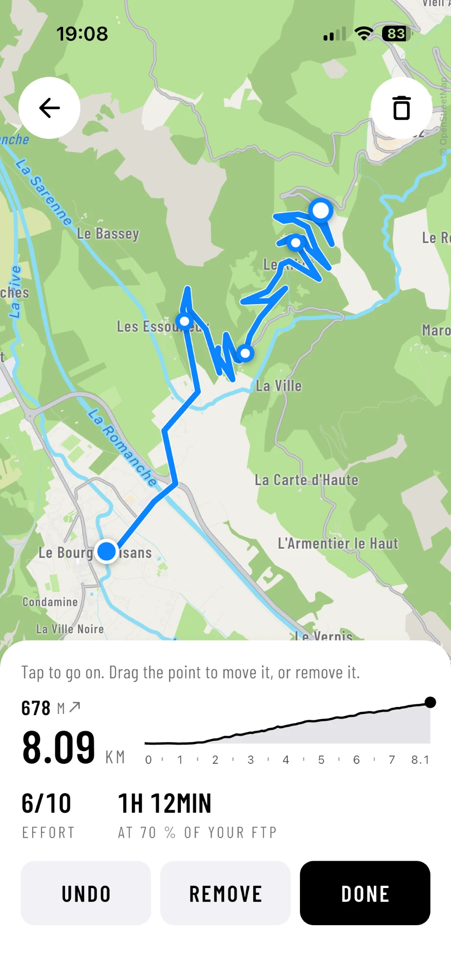 The first 8.09 km of L'Alpe d'Huez, drawn in AnyMap's route builder