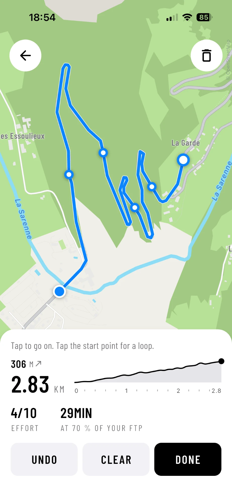 The first 2.83 km of L'Alpe d'Huez, drawn in AnyMap's route builder