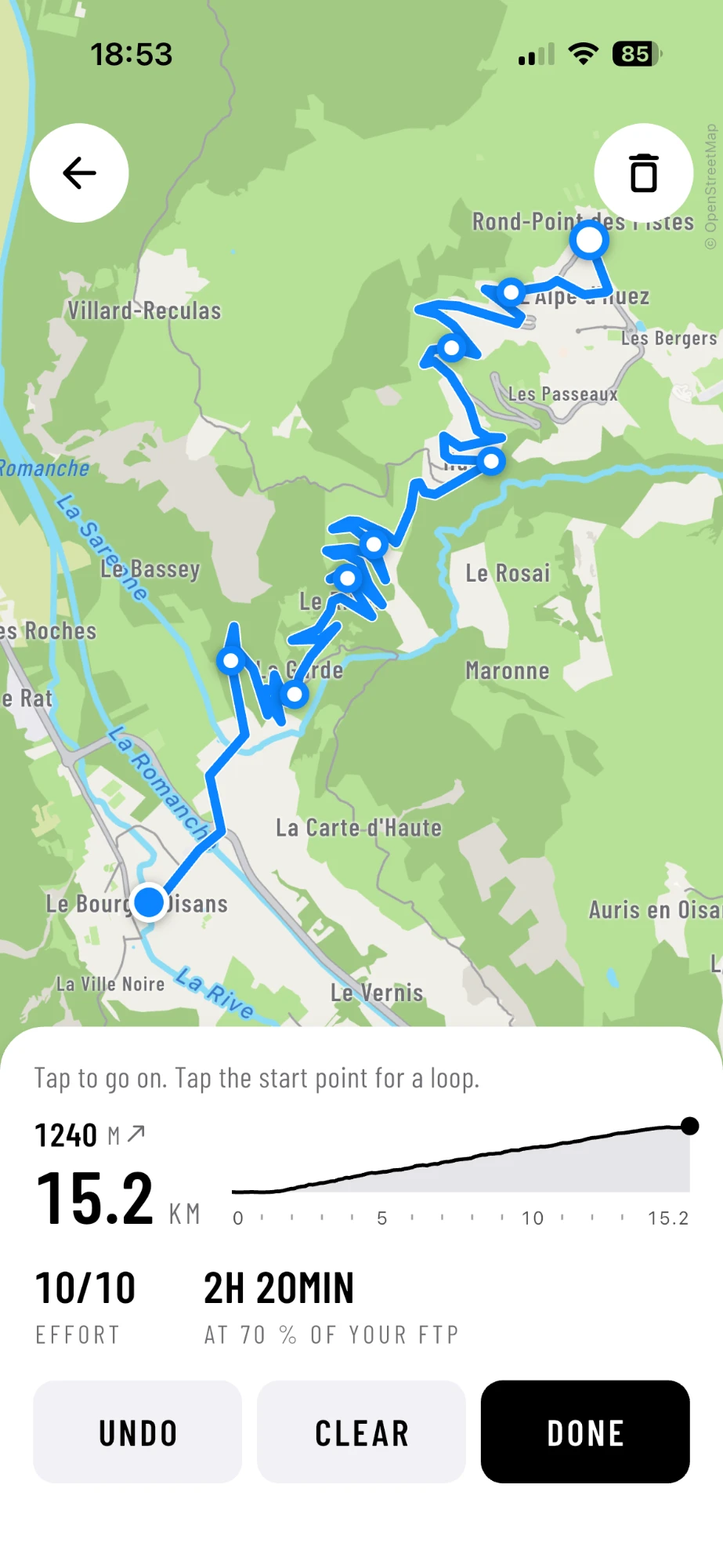 The whole climb of L'Alpe d'Huez, drawn in AnyMap's route builder