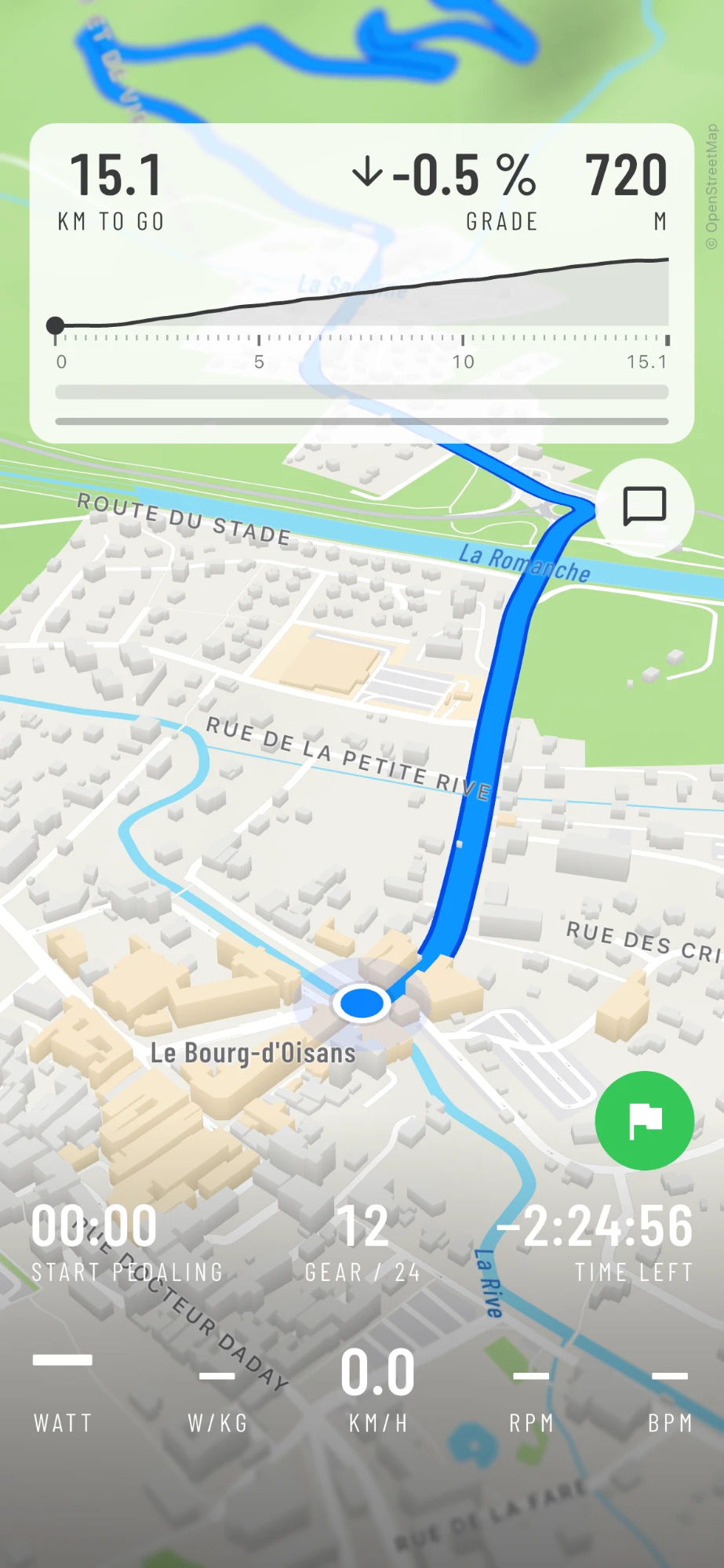 Riding through Le Bourg-d'Oisans toward L'Alpe d'Huez in AnyMap