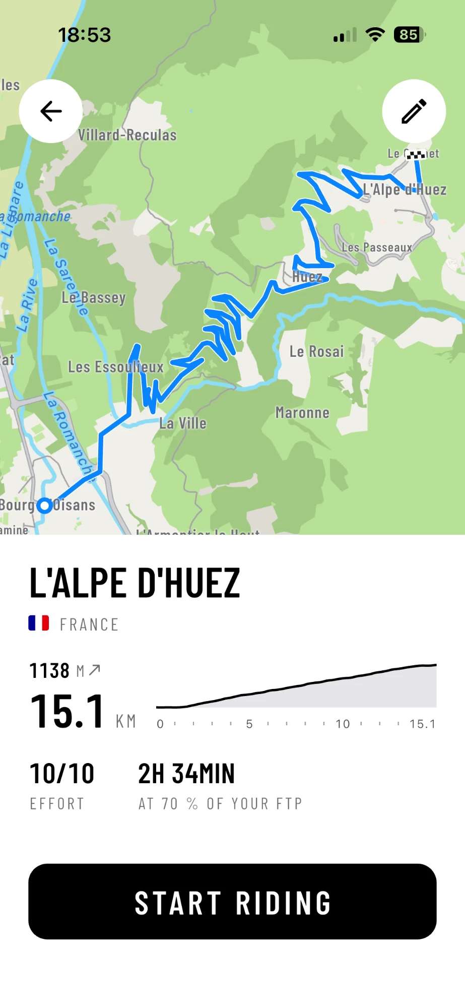L'Alpe d'Huez in AnyMap: the route on the map, its profile and START RIDING