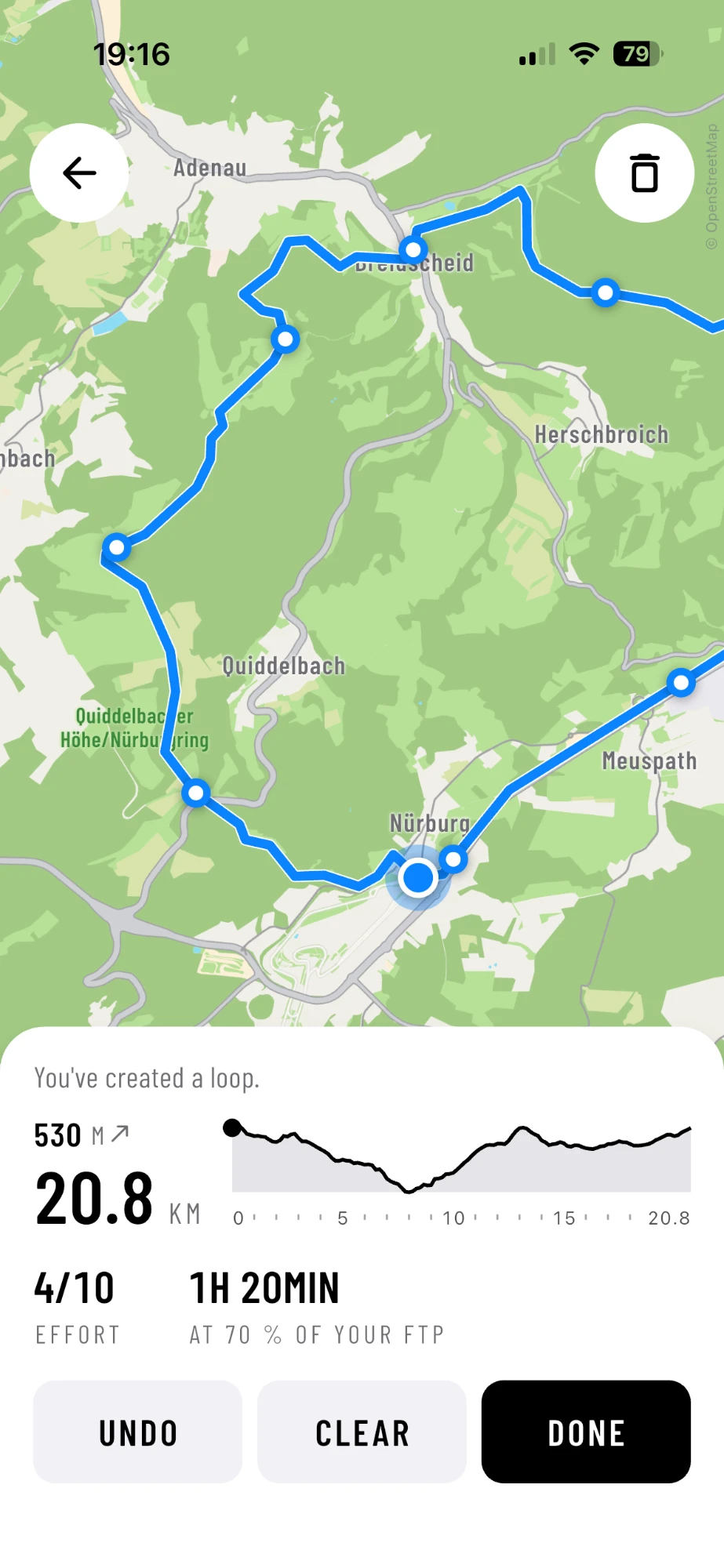 The Nordschleife drawn as a 20.8 km loop in AnyMap's route builder