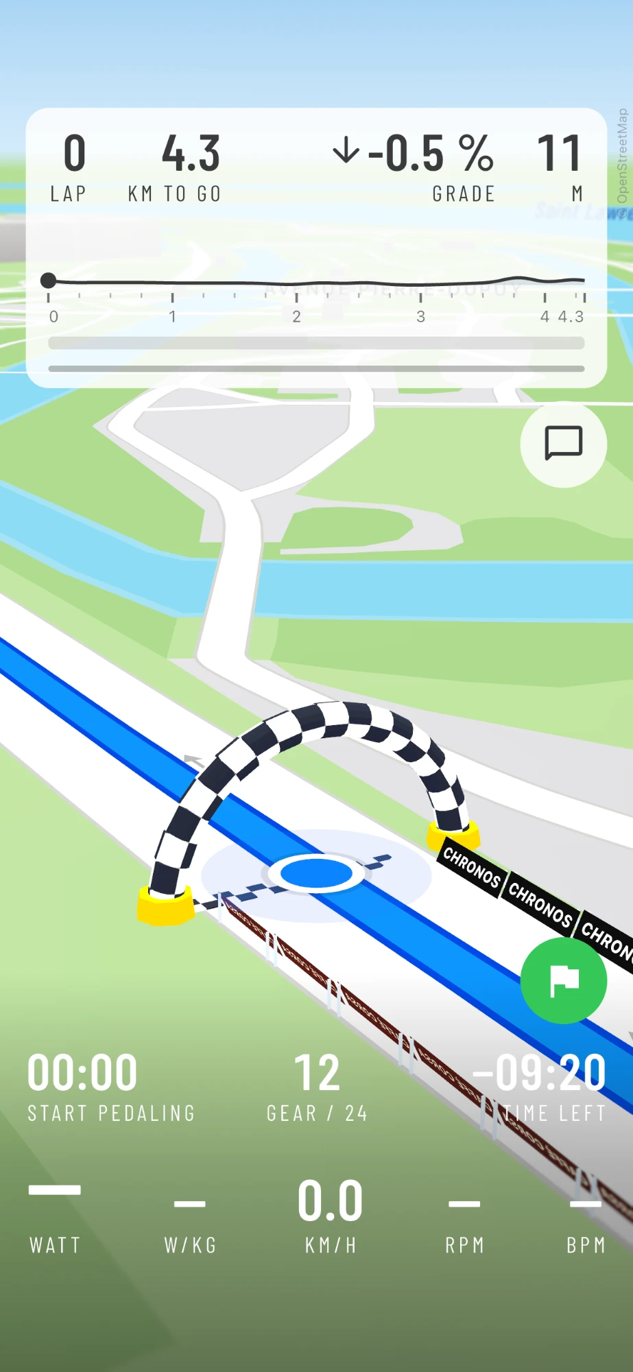 The finish arch on the Circuit Gilles Villeneuve in AnyMap's 3D world